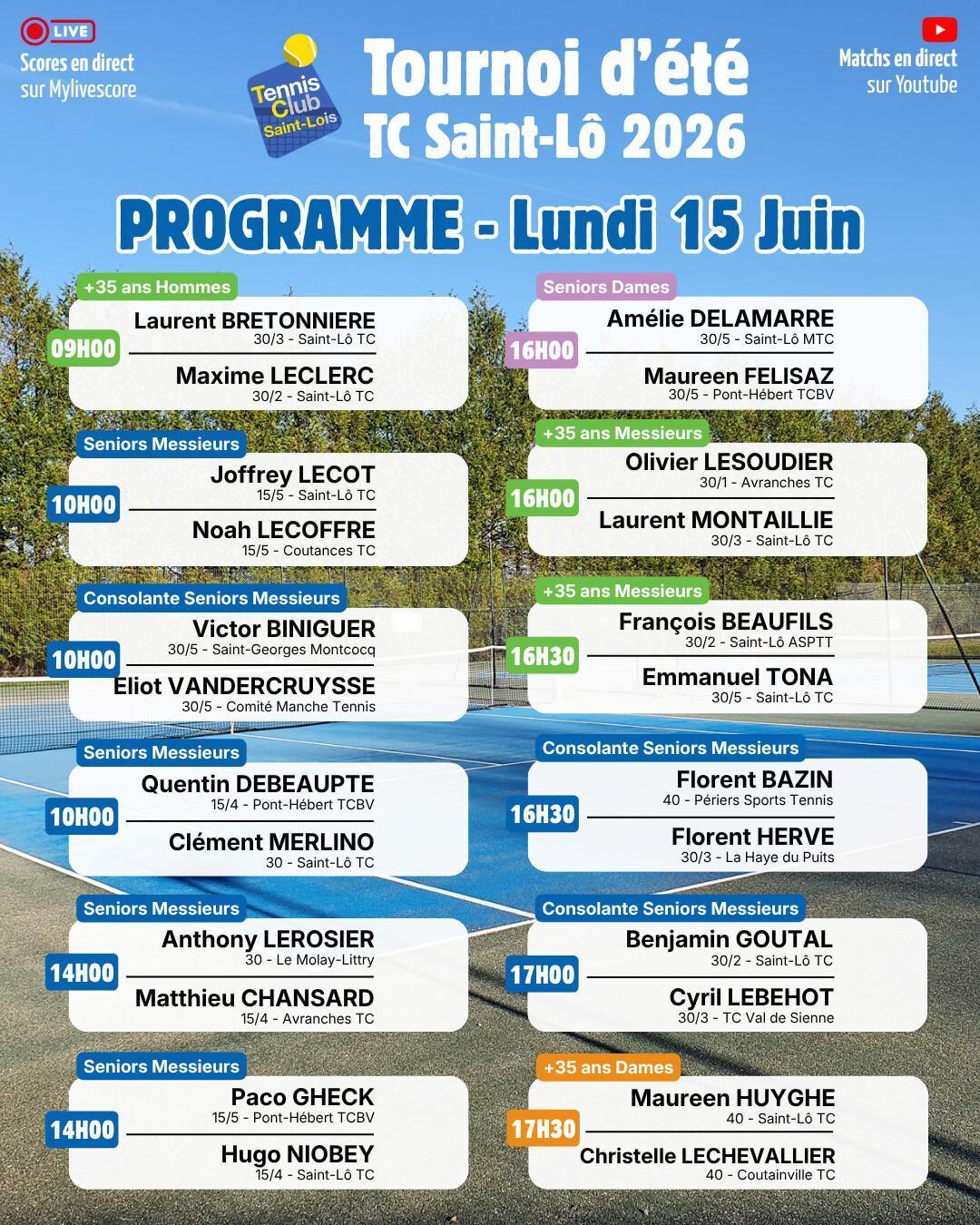 Tournoi été 2026 - Résultats Dimanche 14 Juin et Programme Lundi 15 Juin