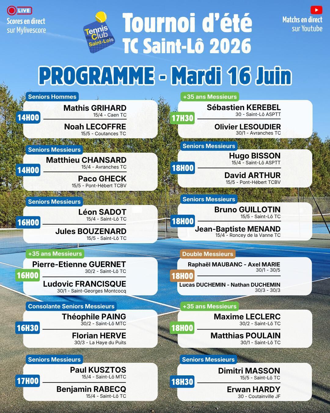 Tournoi été 2026 - Résultats Lundi 15 Juin et Programme Mardi 16 Juin