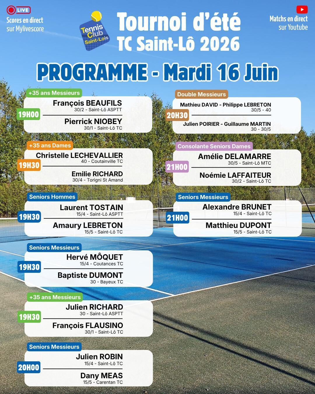 Tournoi été 2026 - Résultats Lundi 15 Juin et Programme Mardi 16 Juin