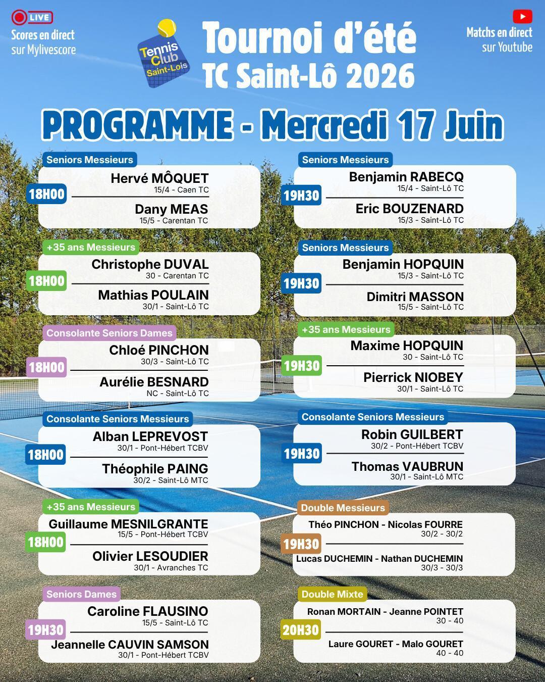 Tournoi été 2026 - Résultats Mardi 16 Juin et Programme Mercredi 17 Juin