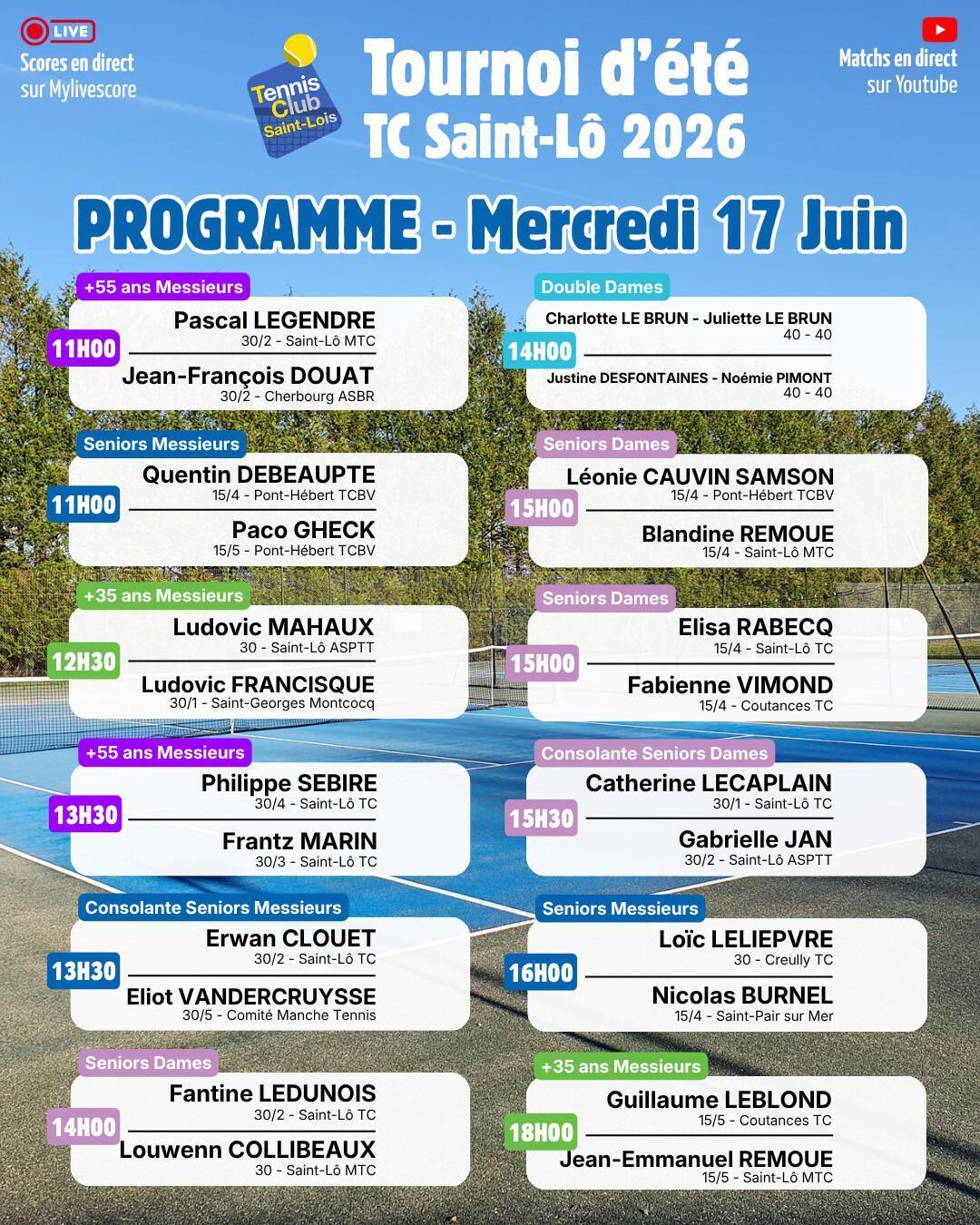 Tournoi été 2026 - Résultats Mardi 16 Juin et Programme Mercredi 17 Juin