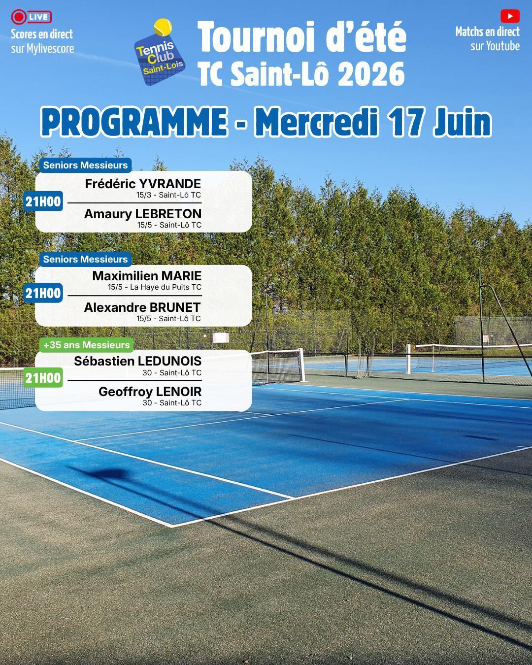 Tournoi été 2026 - Résultats Mardi 16 Juin et Programme Mercredi 17 Juin
