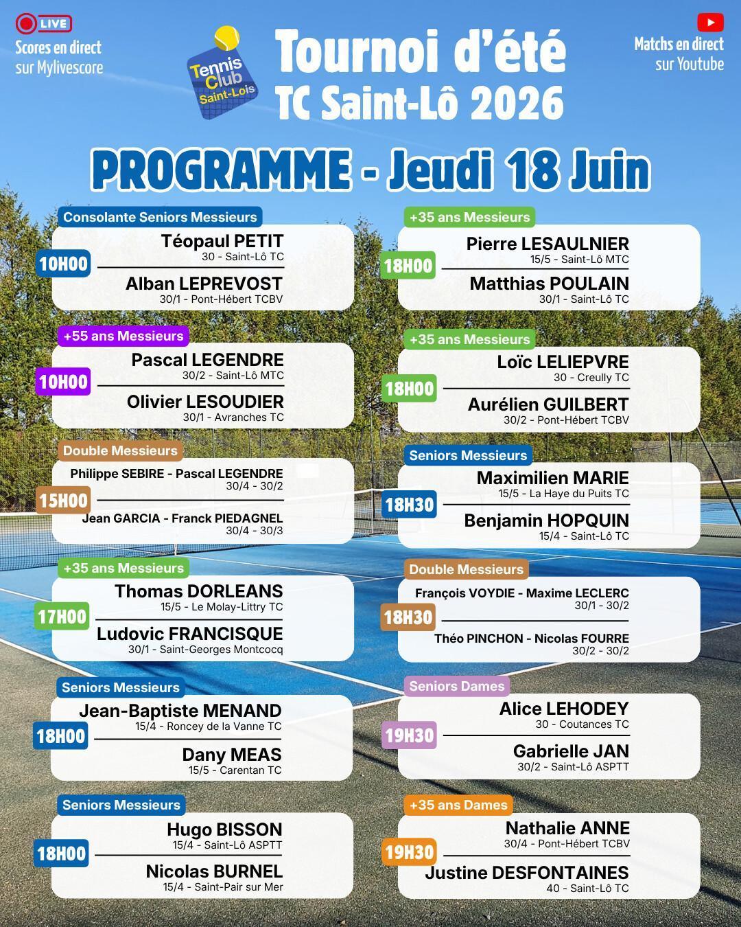 Tournoi été 2026 - Résultats Mercredi 17 Juin et Programme Jeudi 18 Juin