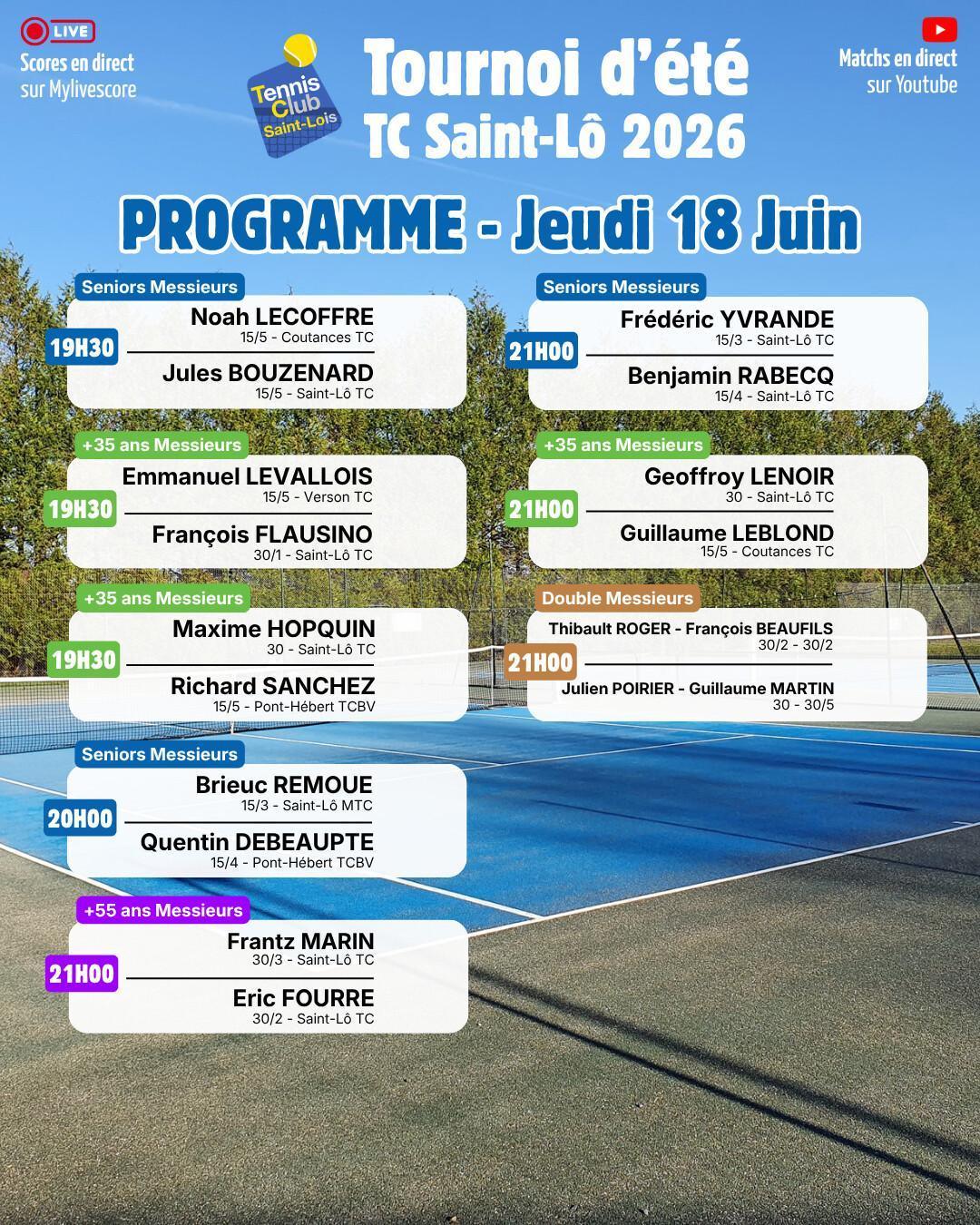 Tournoi été 2026 - Résultats Mercredi 17 Juin et Programme Jeudi 18 Juin Tournoi été 2026 - Résultats Mercredi 17 Juin et Programme Jeudi 18 Juin