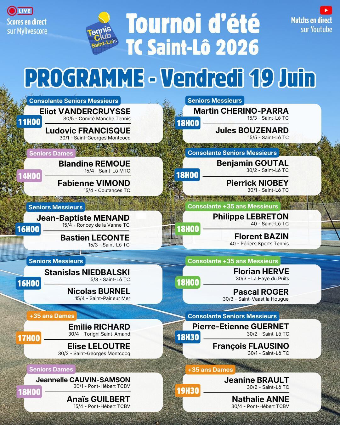 Tournoi été 2026 - Résultats Jeudi 18 Juin et Programme Vendredi 19 Juin