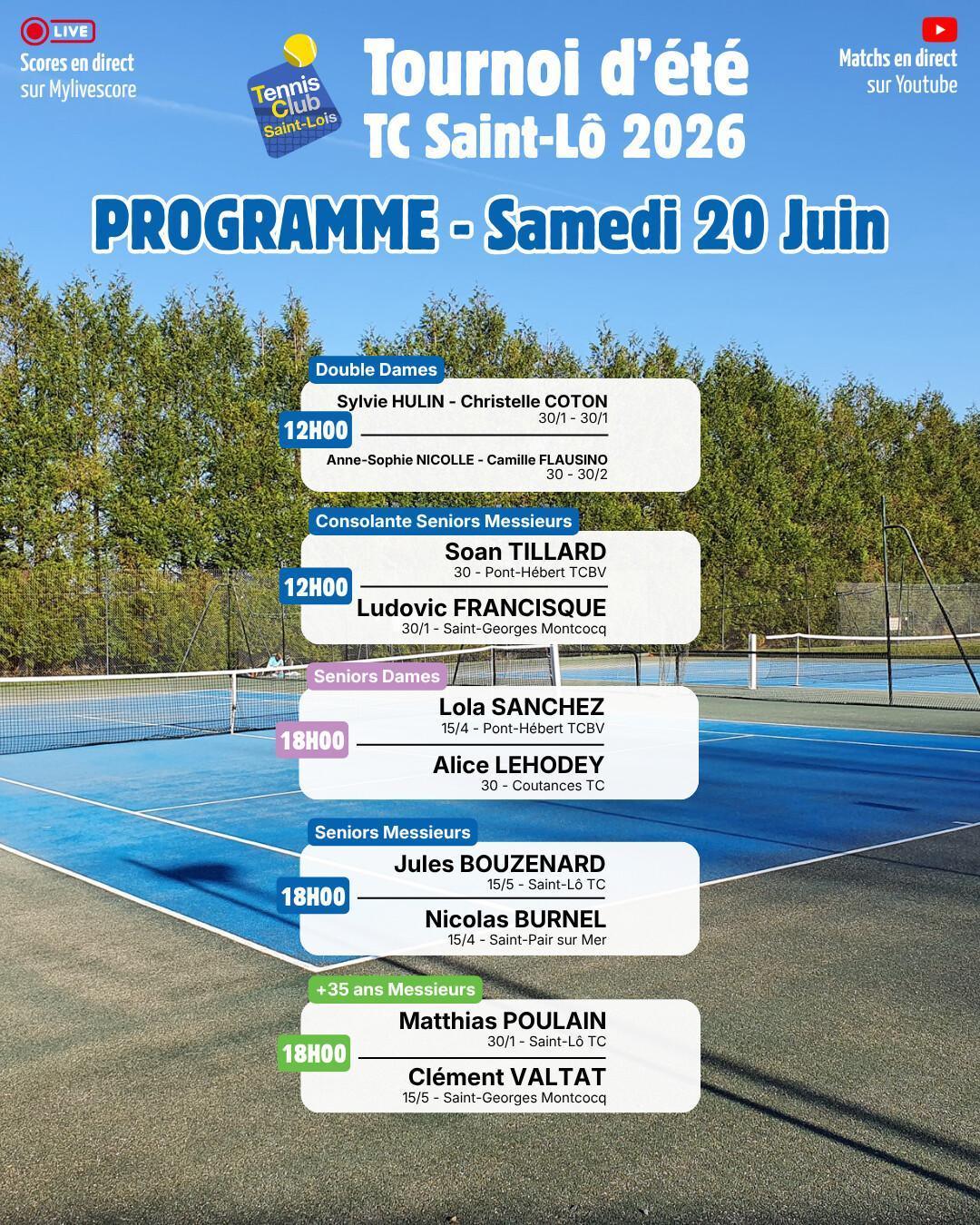 Tournoi été 2026 - Résultats Vendredi 19 Juin et Programme Samedi 20 Juin