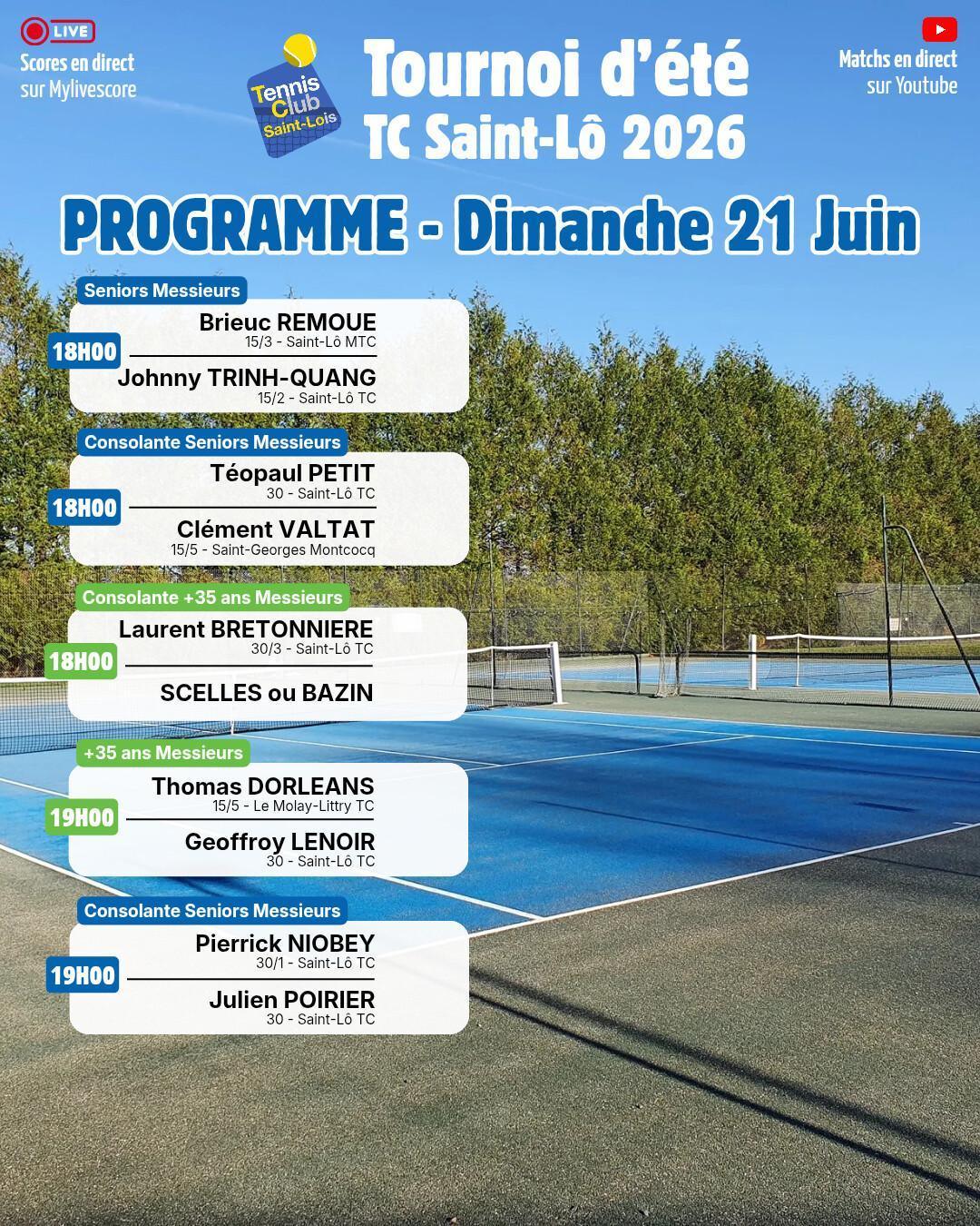 Tournoi été 2026 - Résultats Samedi 20 Juin et Programme Dimanche 21 Juin