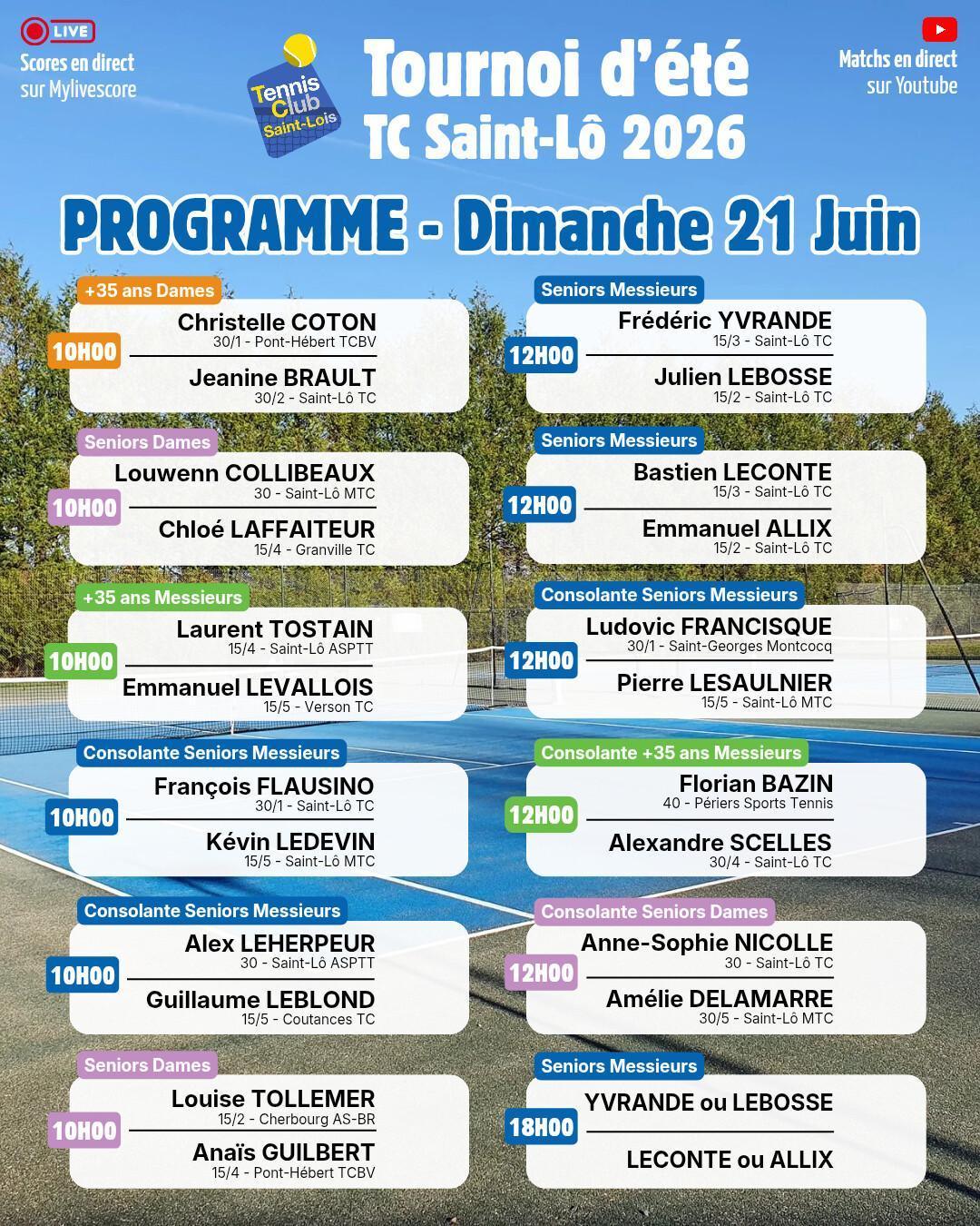 Tournoi été 2026 - Résultats Samedi 20 Juin et Programme Dimanche 21 Juin