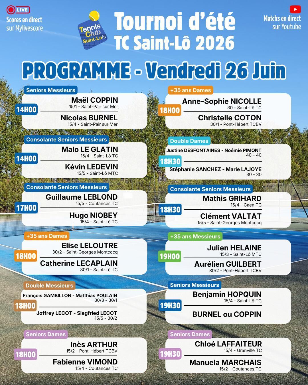 Tournoi été 2026 - Programme Vendredi 26 Juin