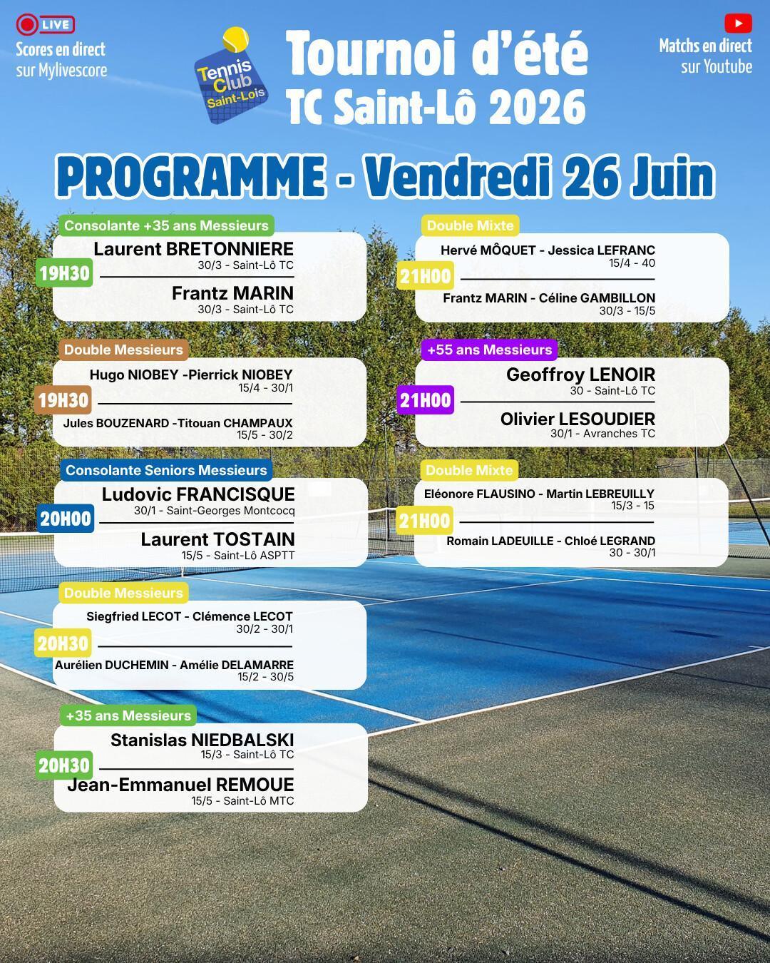 Tournoi été 2026 - Programme Vendredi 26 Juin