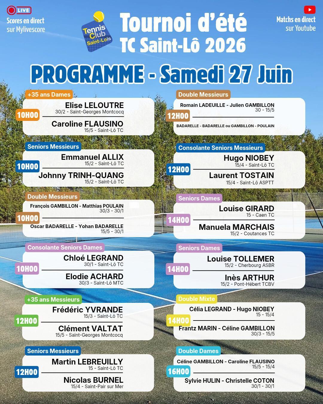 Tournoi été 2026 - Résultats Vendredi 26 Juin et Programme Samedi 27 Juin