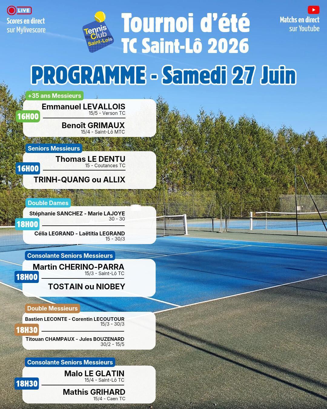 Tournoi été 2026 - Résultats Vendredi 26 Juin et Programme Samedi 27 Juin