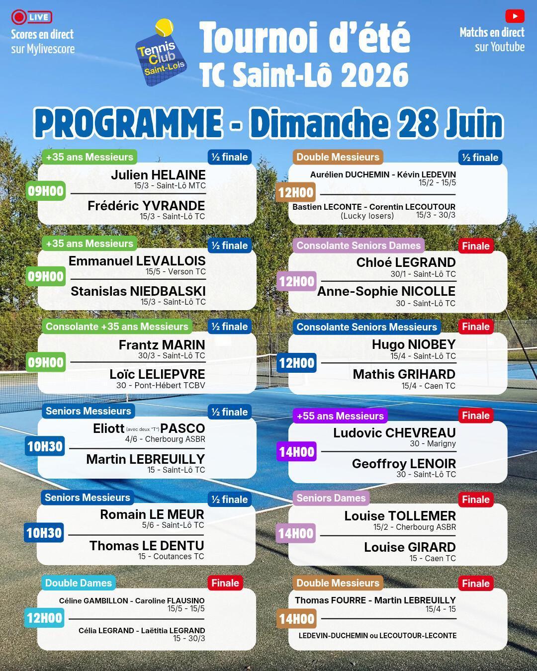 Tournoi été 2026 - Résultats Samedi 27 Juin et Programme Dimanche 28 Juin