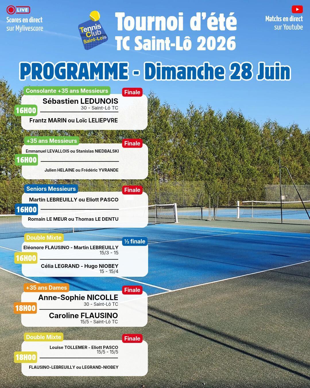 Tournoi été 2026 - Résultats Samedi 27 Juin et Programme Dimanche 28 Juin