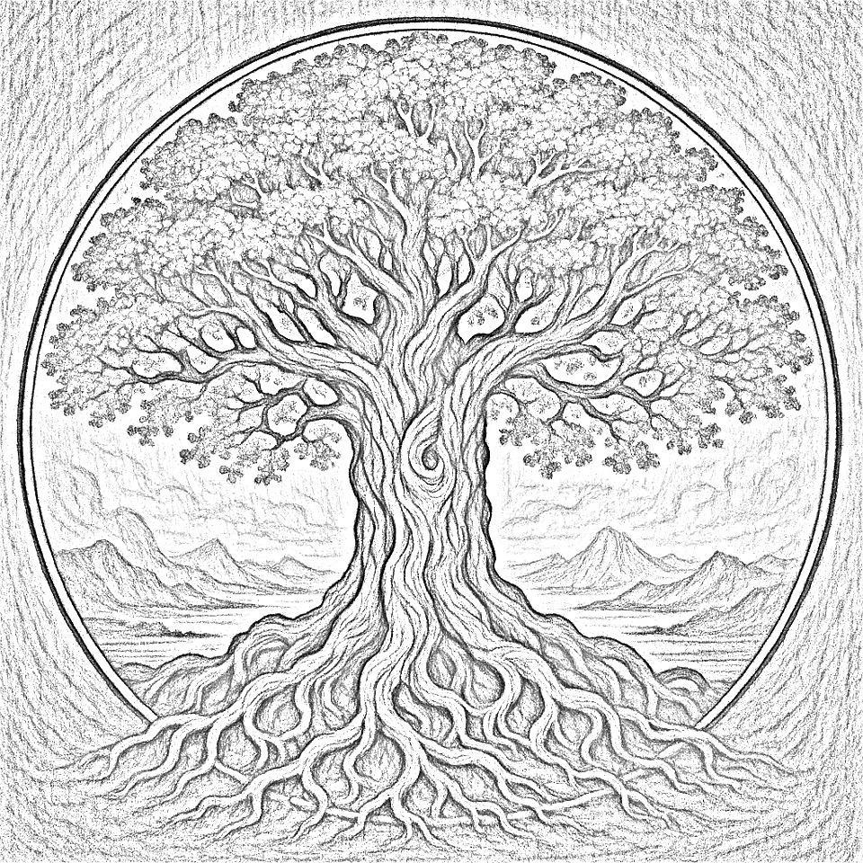 Tree of life pyrography pattern – grayscale outline