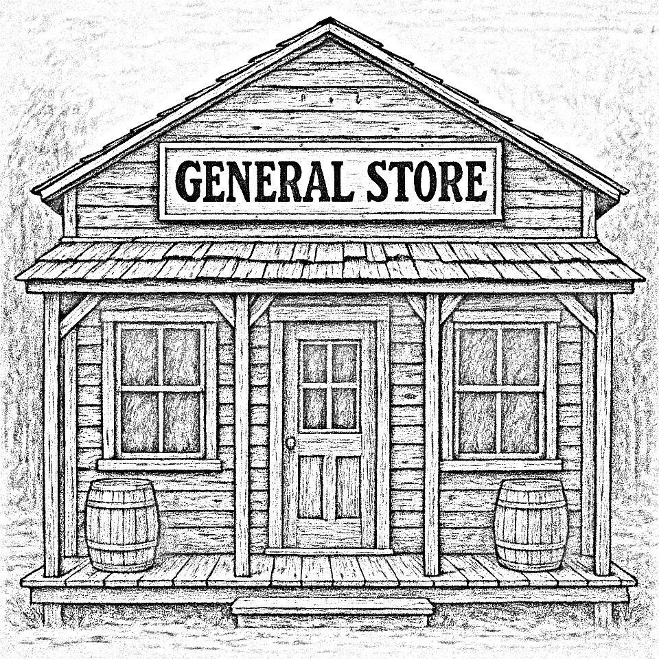 Western general store pyrography pattern – grayscale outline