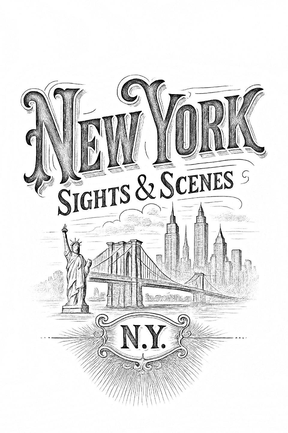 New York Sights & Scenes pyrography pattern – grayscale outline