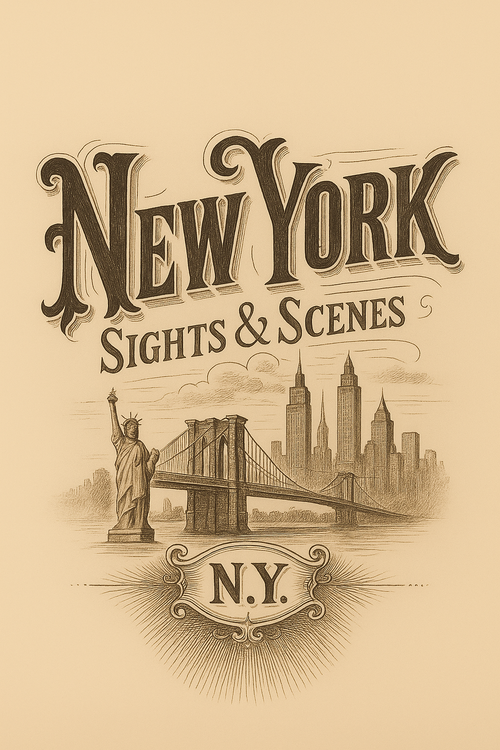 New York Sights & Scenes pyrography pattern – sepia tone