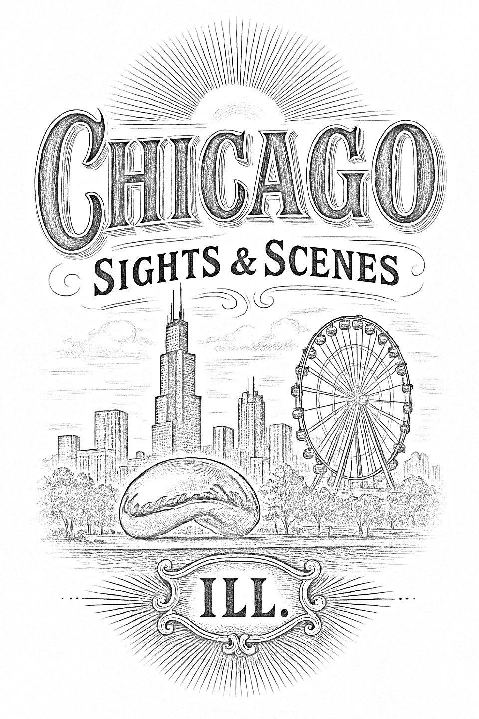 Chicago Sights & Scenes pyrography pattern – grayscale outline