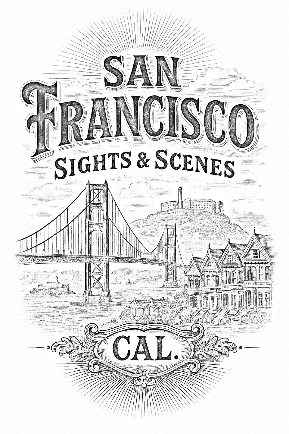 San Francisco Sights & Scenes pyrography pattern – grayscale outline