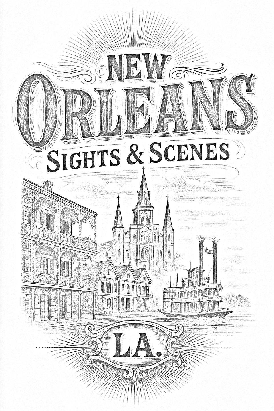 New Orleans Sights & Scenes pyrography pattern – grayscale outline