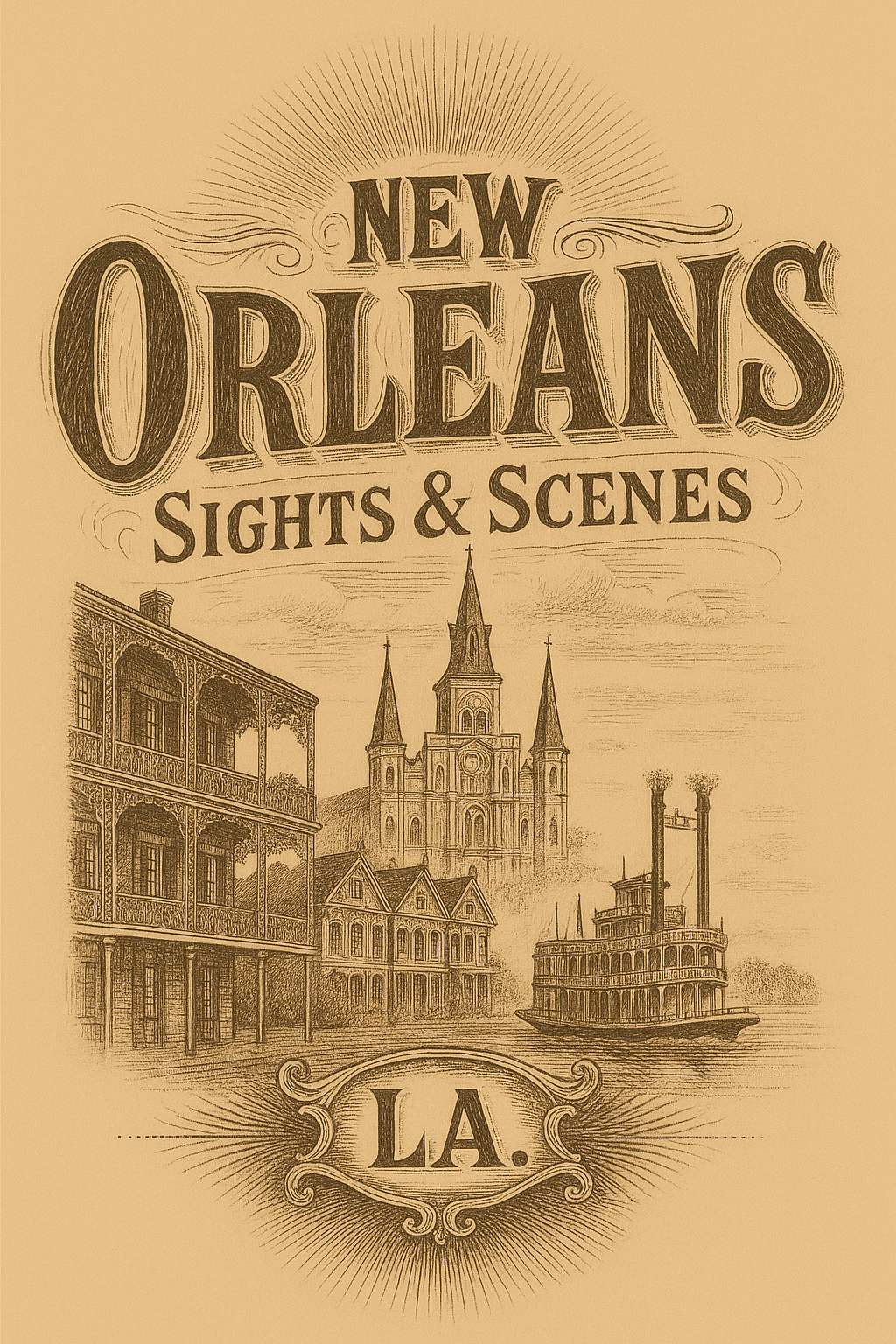 New Orleans Sights & Scenes pyrography pattern – sepia tone