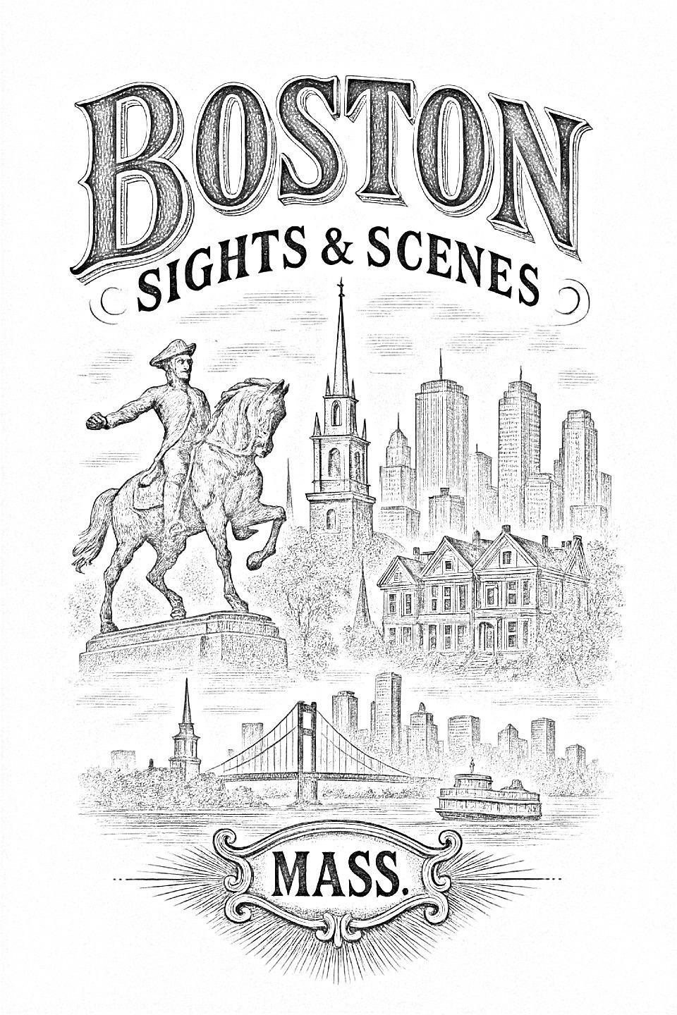 Cowboy and city skyline pyrography pattern – grayscale outline