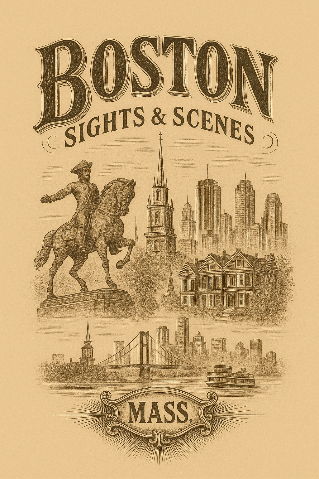 Cowboy and city skyline pyrography pattern – sepia tone