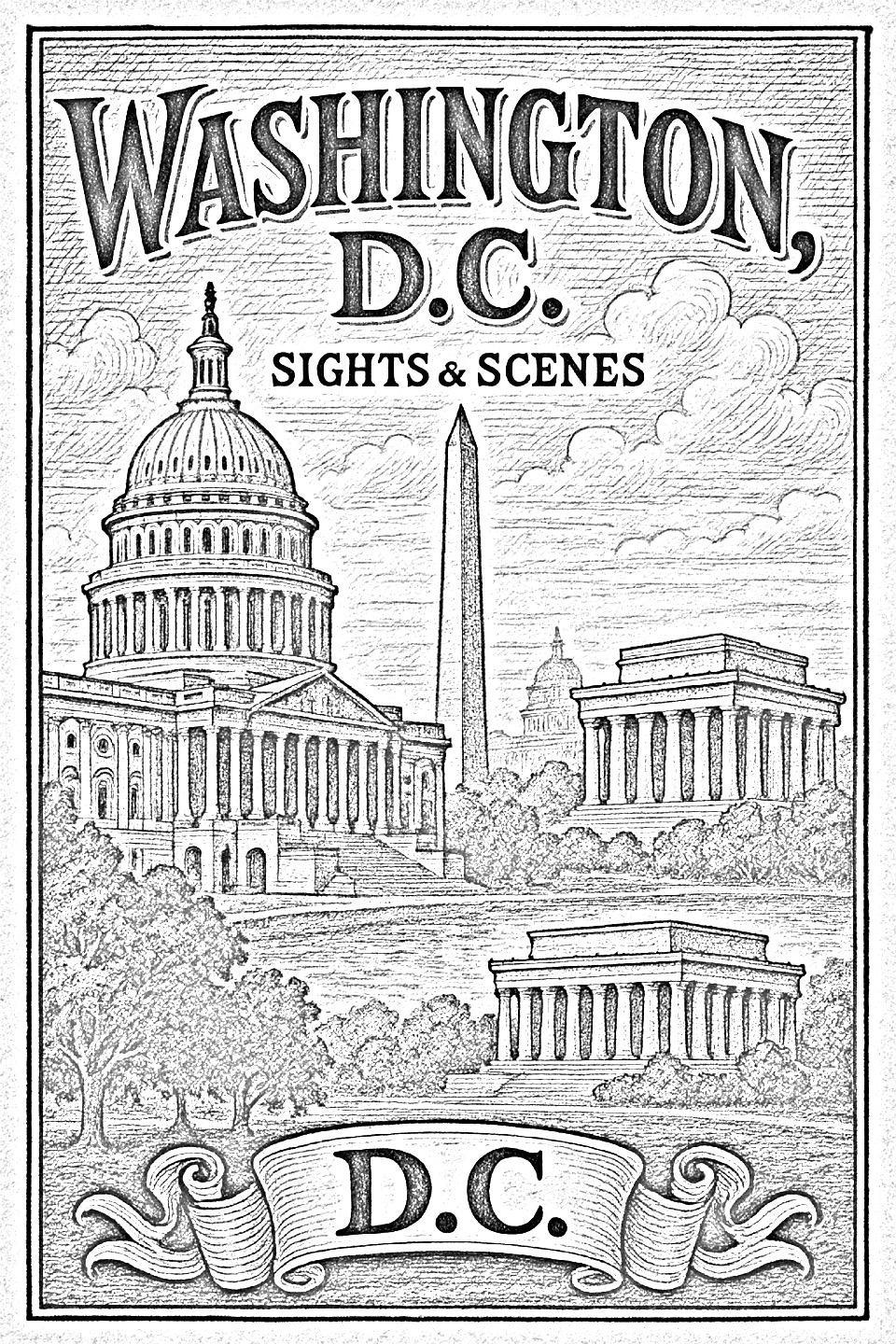 US Capitol building pyrography pattern – grayscale outline