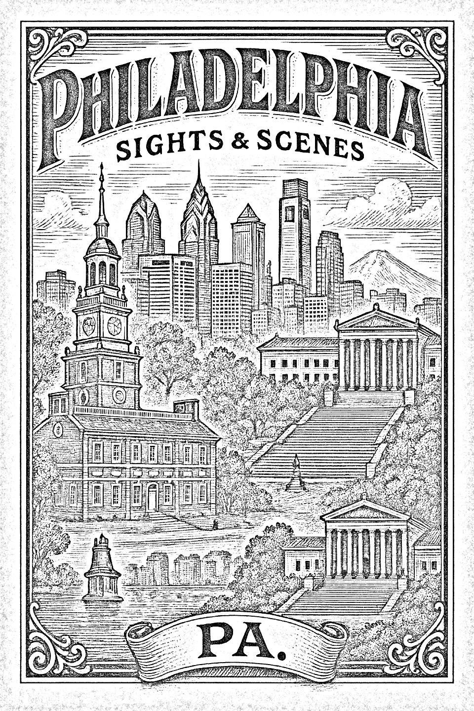 Philadelphia skyline pyrography pattern – grayscale outline