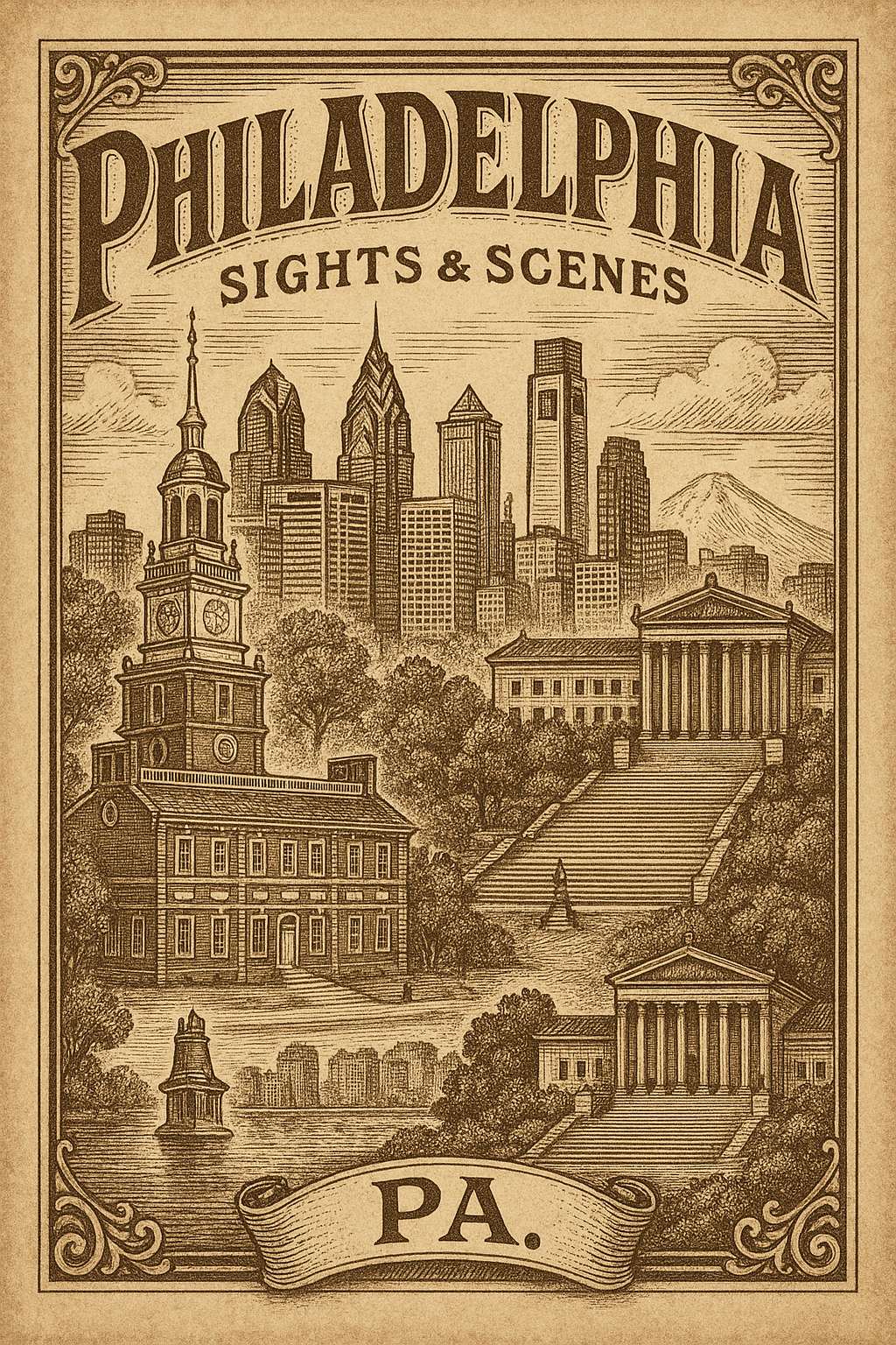 Vintage city street pyrography pattern – sepia tone