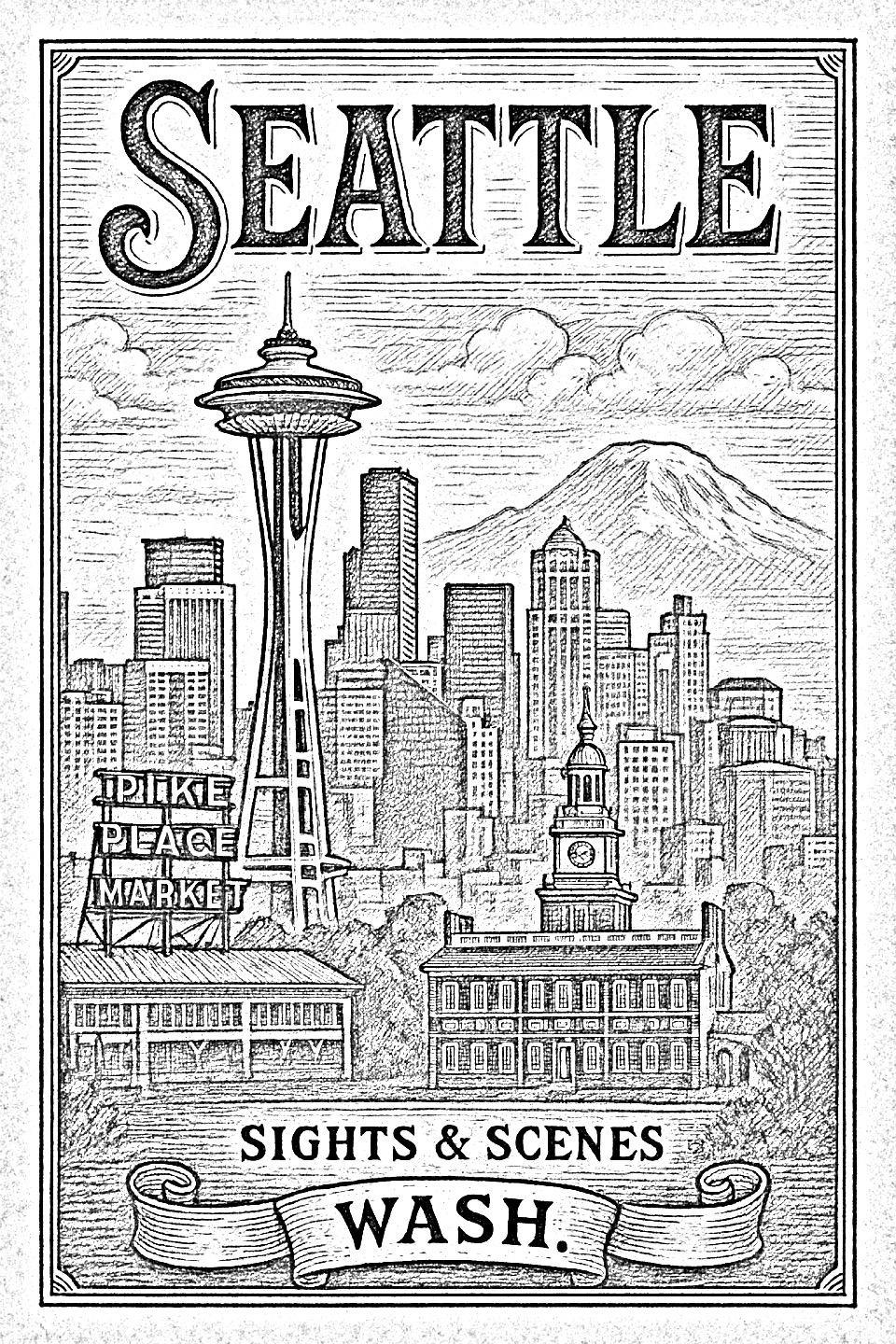 Space Needle pyrography pattern – grayscale