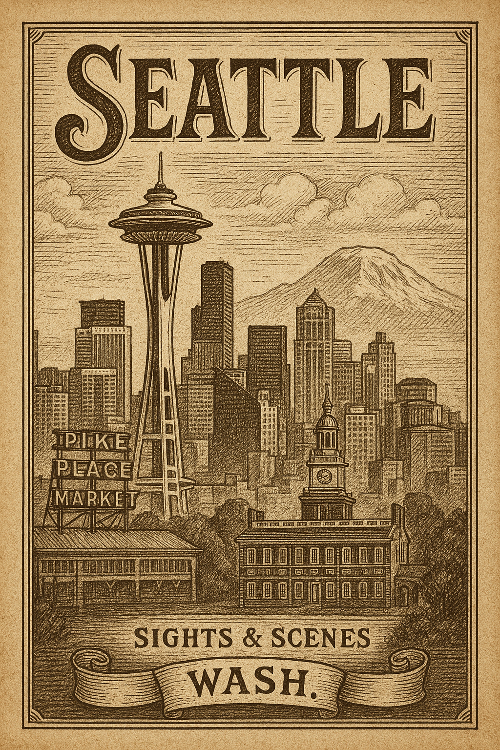 Modern skyscraper pyrography pattern – sepia tone