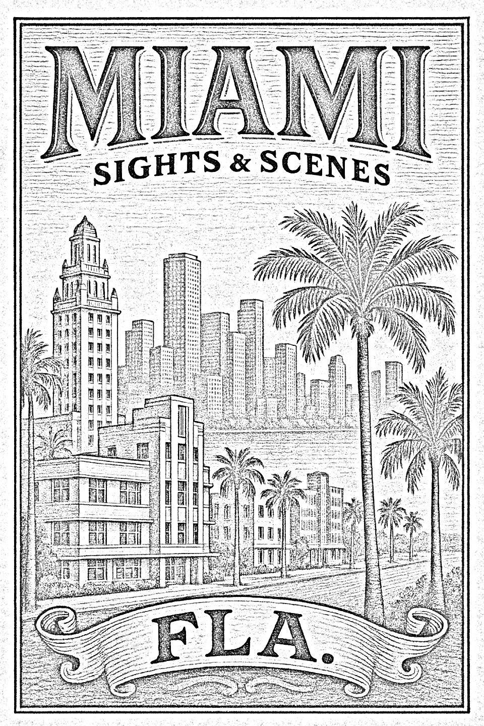 City skyline with palms pyrography pattern – grayscale