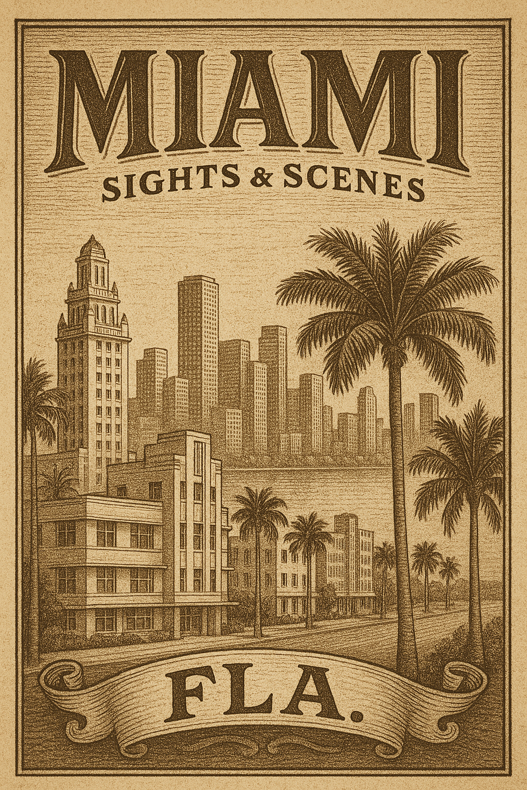 Art deco city skyline and palm pyrography pattern