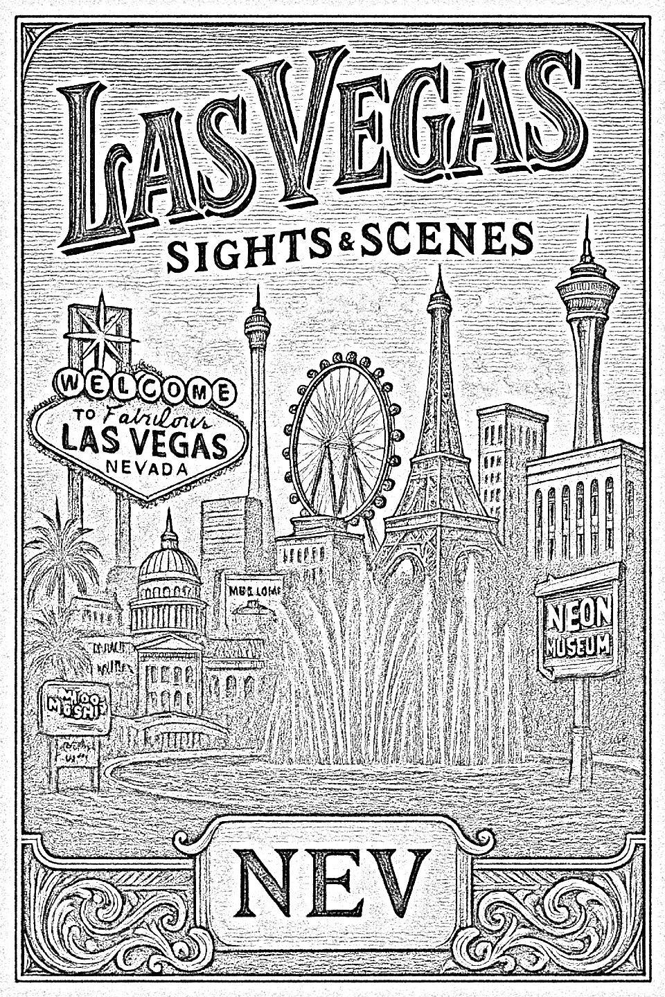 Las Vegas sign pyrography pattern – grayscale outline