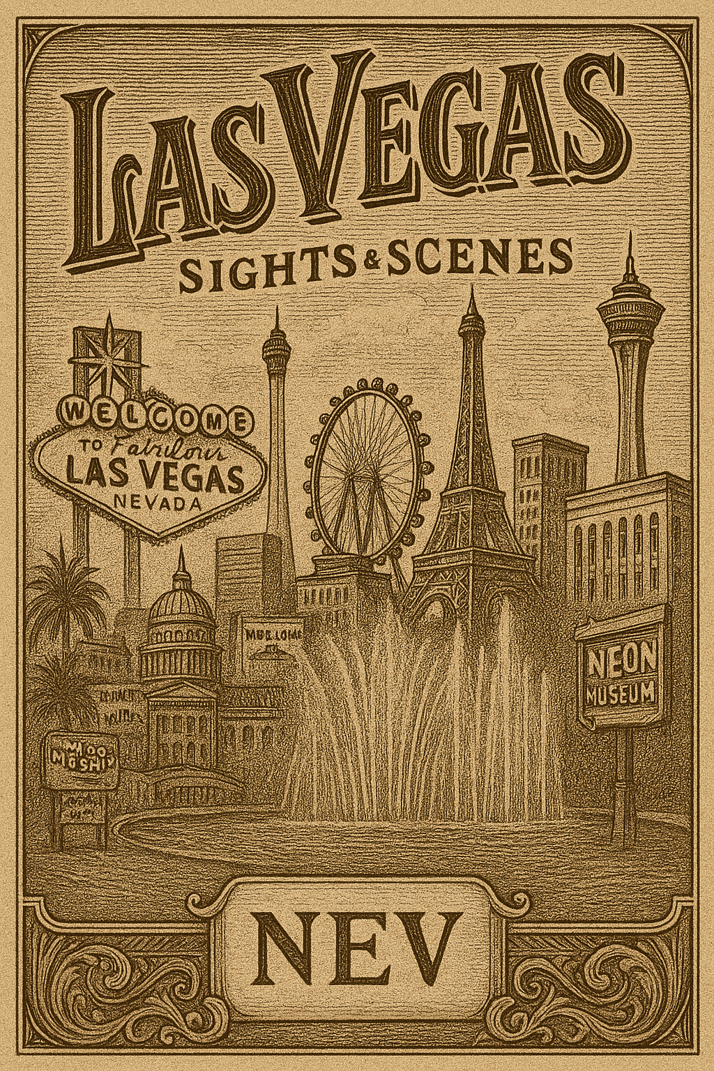 Las Vegas sign pyrography pattern – vintage gold