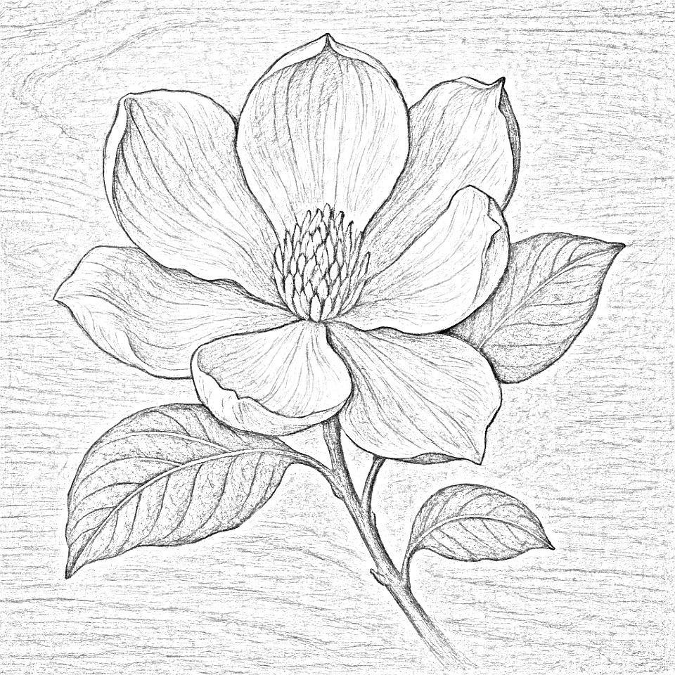 Magnolia pyrography pattern – grayscale outline