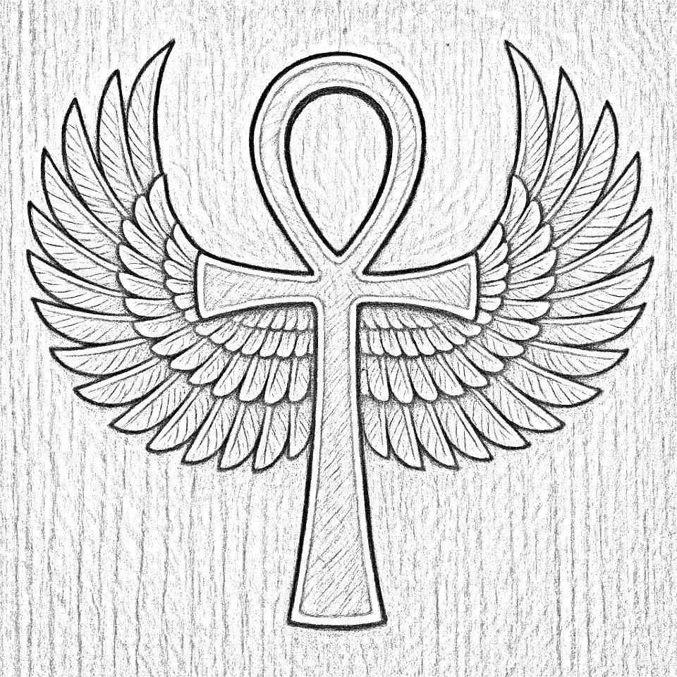 Egyptian wings pyrography pattern – grayscale outline