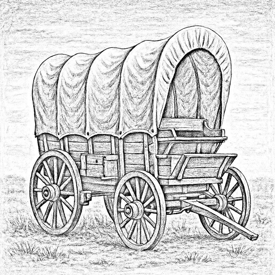 Covered wagon pyrography pattern – grayscale outline
