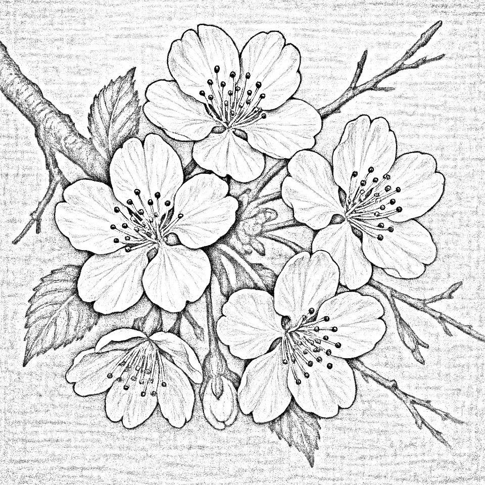 Cherry blossoms pyrography pattern – grayscale outline