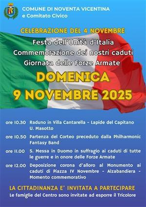 Celebrazione del 4 novembre 2025 - Festa dell’Unità d’Italia Commemorazione dei nostri caduti - Giornata delle Forze Armate (inizio ore 10.30) Celebrazione del 4 novembre 2025 - Festa dell’Unità d’Italia Commemorazione dei nostri caduti - Giornata delle Forze Armate (inizio ore 10.30)