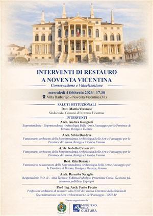 Convegno "Interventi di restauro a Noventa Vicentina - Conservazione e Valorizzazione" (inizio ore 17.30) Convegno "Interventi di restauro a Noventa Vicentina - Conservazione e Valorizzazione" (inizio ore 17.30)