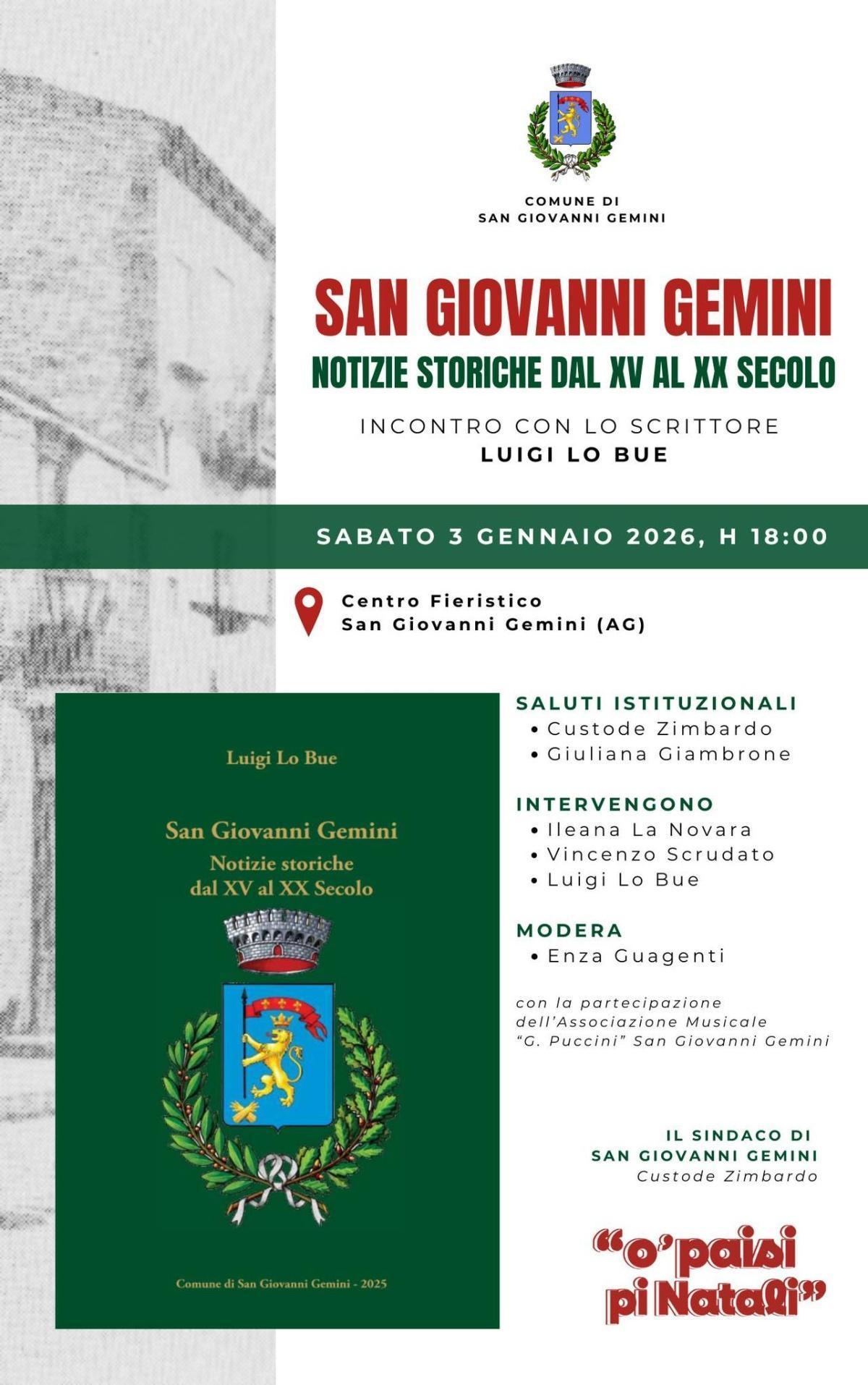 "San Giovanni Gemini Notizie storiche dal XV al XX secolo" di Luigi Lo Bue (inizio ore 18.00)