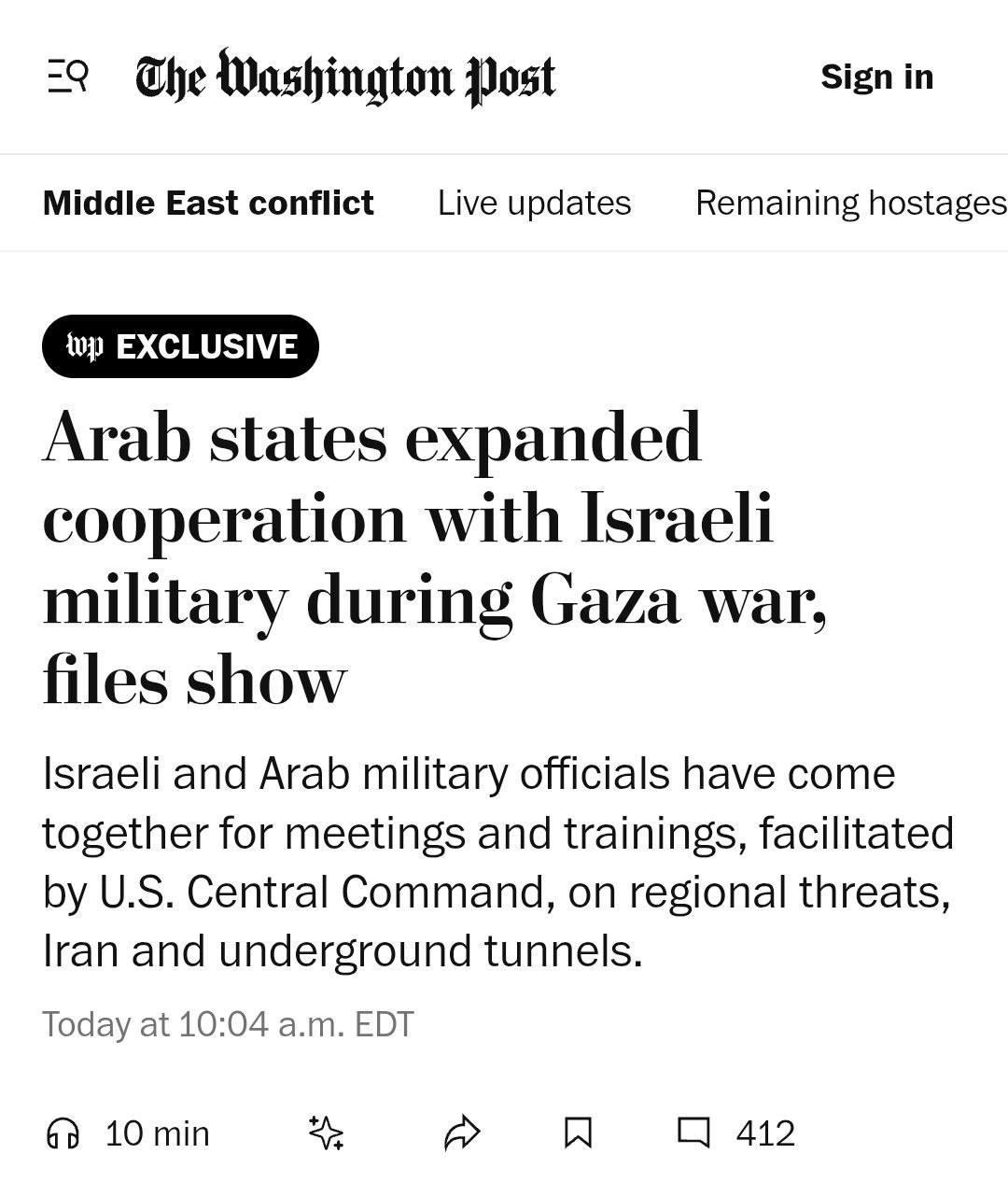 واشنطن بوست: تعاون عسكري متزايد بين ست دول عربية وإسرائيل خلال حرب غزة رغم الإدانات العلنية 