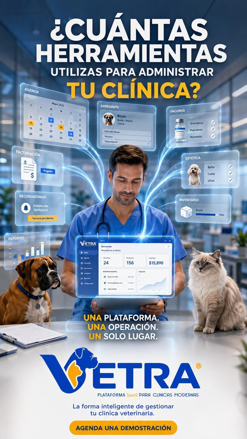 “Vetra no es una herramienta más. Es el centro de operación de tu clínica veterinaria.” “Vetra no es una herramienta más. Es el centro de operación de tu clínica veterinaria.”