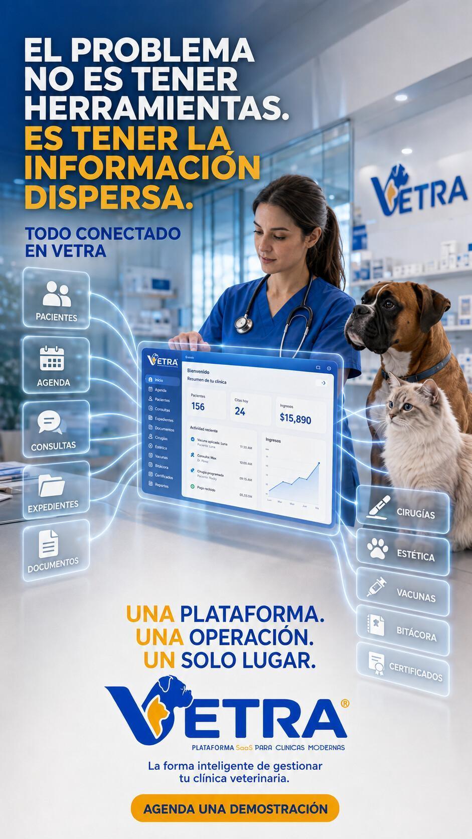 “Vetra no es una herramienta más. Es el centro de operación de tu clínica veterinaria.” “Vetra no es una herramienta más. Es el centro de operación de tu clínica veterinaria.”
