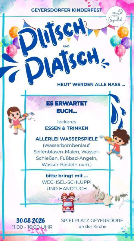 Kinderfest „Plitsch und Platsch“ lädt zum großen Wasserspaß nach Geyersdorf ein