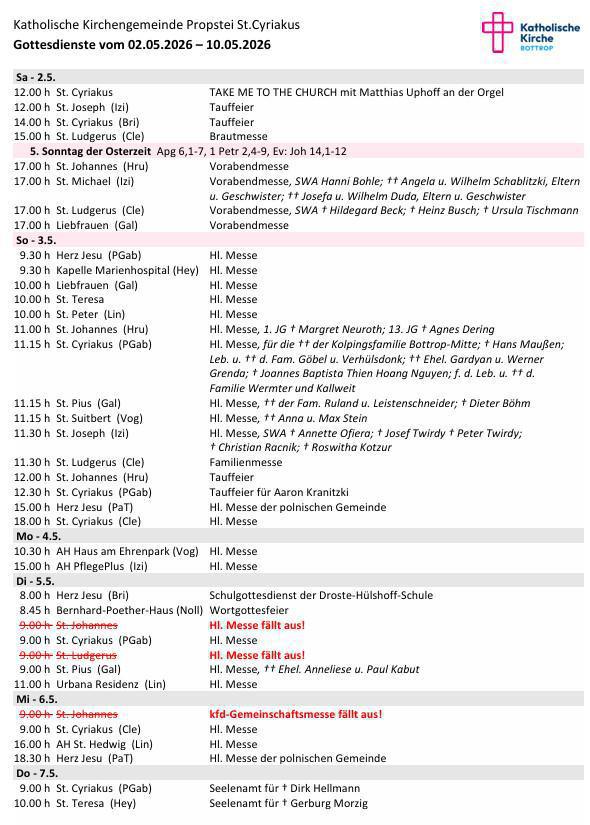Gottesdienste 02.05.2026 – 09.05.2026 
