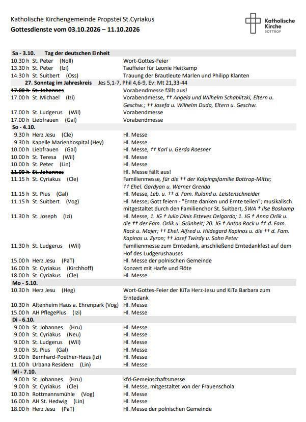 Gottesdienste vom 03.10.2026 – 11.10.2026 